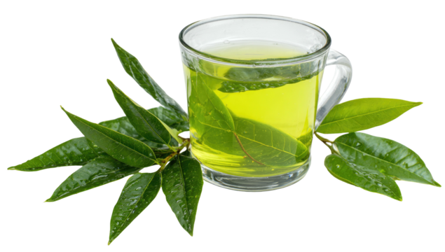 Clear glass mug filled with yellow liquid, leaves arranged around it. Isolated with a shadow