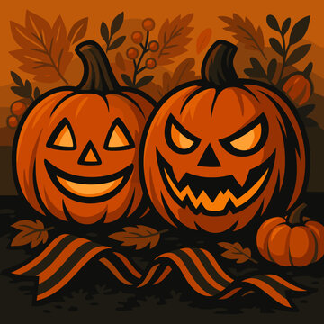Two Glowing Jack-O&rsquo;-Lantern Pumpkins with Autumn Leaves and Ribbon &ndash; Halloween Decoration Illustration