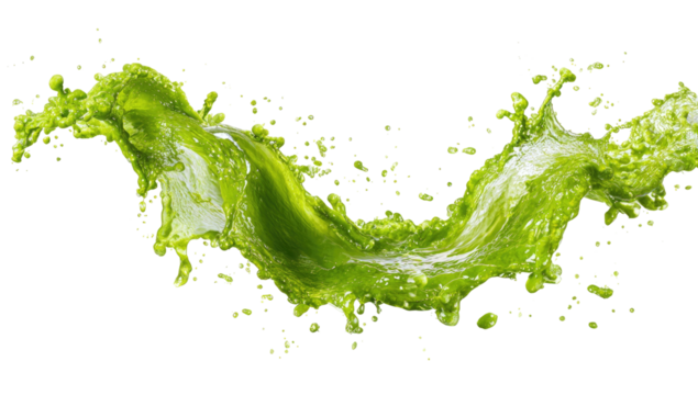 Dynamic capture of a vibrant green liquid forming an elegant curved splash against black