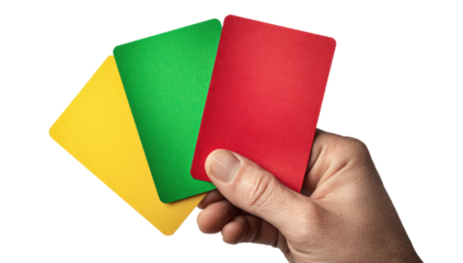 Hand holding three colored rectangular cards against a black backdrop, showing varying hues
