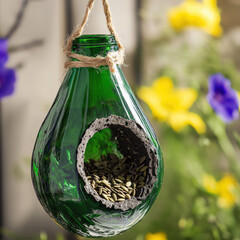 DIY bird feeder made from recycled green glass bottle