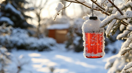 Red glass lantern hanging on snowy tree branch in winter garden