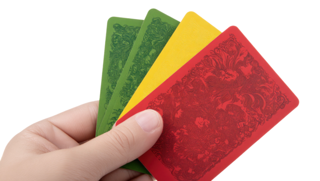 A hand holds four playing cards, vibrant backs. Green, yellow, and red cards