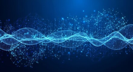 Abstract flowing blue wave and digital data network on dark background