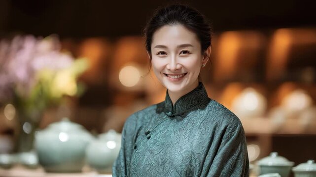 Oriental woman smiles gently in cheongsam