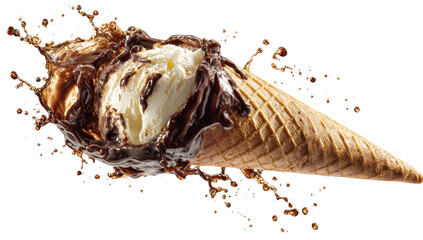 A scoop of vanilla ice cream in a waffle cone being drenched in flowing chocolate