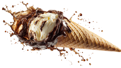 A scoop of vanilla ice cream in a waffle cone being drenched in flowing chocolate