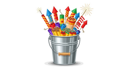 Colorful Array of Festive Fireworks and Explosive Pyrotechnics Neatly Arranged in a Galvanized Metal Bucket, Perfect for Celebration Displays © Avra