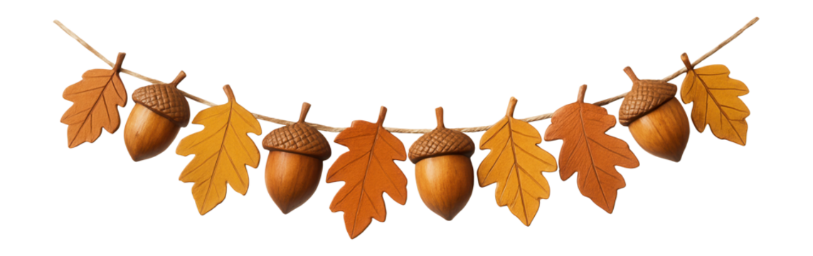 Wooden acorn and leaf garland for a festive autumn accent on a mantelpiece.