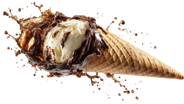 A scoop of vanilla ice cream in a waffle cone being drenched in flowing chocolate