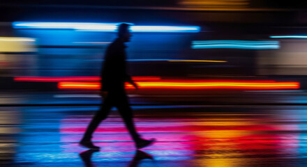 Abstract silhouette of man walking in city at night with motion blur lights, concept of fast urban lifestyle and modern speed