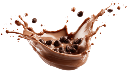 Dynamic shot of a creamy brown liquid splash with scattered spherical chocolate pieces mid-air