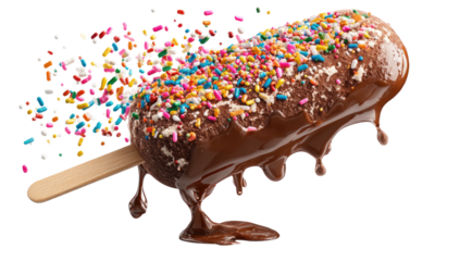 A chocolate-covered dessert on a stick with sprinkles and flowing melted coating