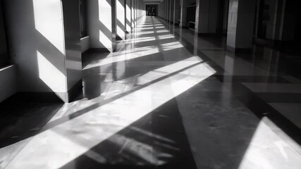 A sunlit corridor with long diagonal shadows from window frames stretching across the floor. - Powered by Adobe
