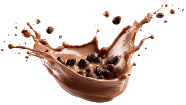 Dynamic shot of a creamy brown liquid splash with scattered spherical chocolate pieces mid-air