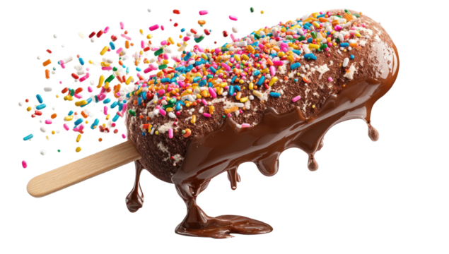 A chocolate-covered dessert on a stick with sprinkles and flowing melted coating