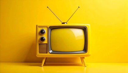 Yellow vintage TV with antennae on yellow background