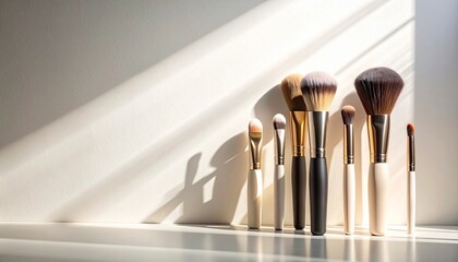 Makeup brushes with gold handles in sunlight on flat surface