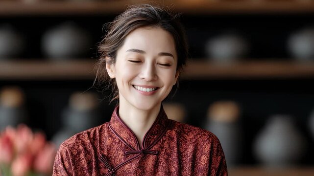 Eastern woman smiling gently in cheongsam