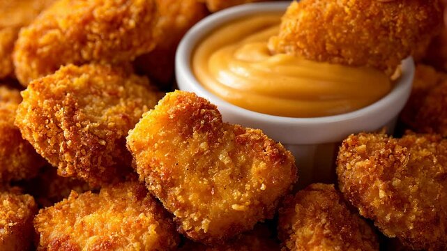 Dipping Crispy Chicken Nugget into Cheesy Sauce - Close-up of Fast Food Snack