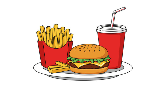 Fast food combo burger fries and soda with straw on a plate