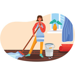 Woman cleaning home floor with mop cartoon