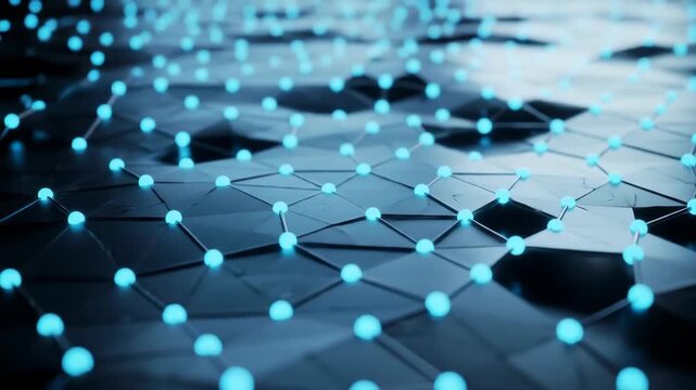 Abstract connected structure with blue glowing spheres and polygons