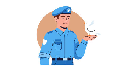 Illustration of a peacekeeper in uniform holding a dove as a symbol of peace