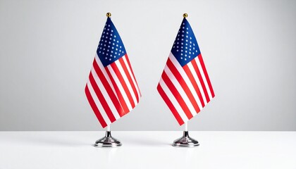 Two small U.S. flags on silver bases against plain gray background
