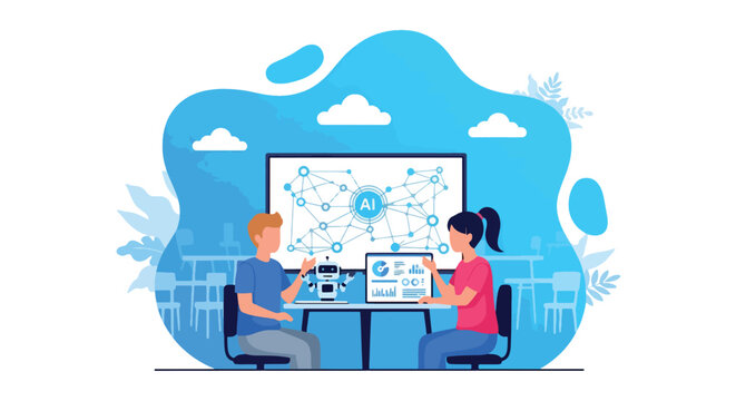 Adobe illustrator artwork vector illustration. A female student and male teacher collaborate on an AI project in a classroom, with mathematical equations on the board,symbolizing personalized learning