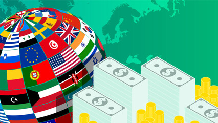 World largest financial countries on planet Earth against backdrop of continents of globe. Template for designing of advertising of the banking financial sector. Vector concept