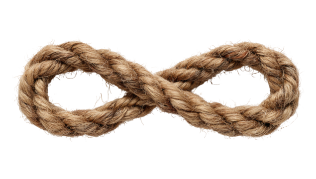 A twisted rope, carefully coiled into the shape of the infinity symbol, floats against black