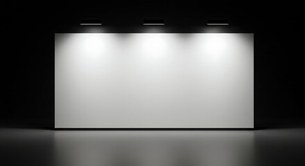Blank white display screen illuminated by overhead spotlights in dark studio