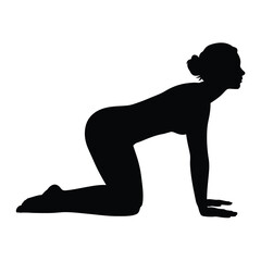 Black silhouette illustration of woman in yoga cat pose vector scalable eps icon for fitness and wellness silhouette vector illustration white background