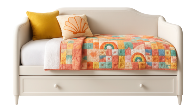 Daybed with trundle for accommodating overnight guests in a child's room.