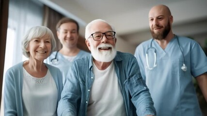 Smiling elderly man with a walker, flanked by a nurse and two companions in a bright medical setting. - Powered by Adobe