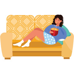 Woman eating nuggets lying on sofa vector icon