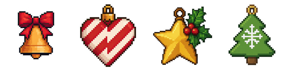 Christmas objects pixel art decor with bell heart star and tree shapes creating festive holiday spirit
