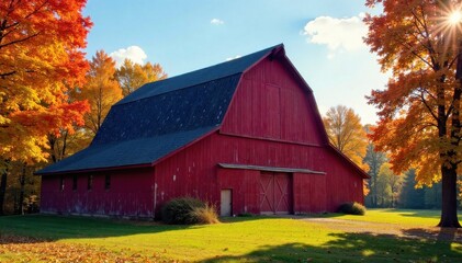Obraz premium Americana Colors Rustic Barn Autumn Leaves A weathered, classic red barn with a dark roof, surrounded by trees ablaze with vibrant autumn colors of gold, orange, and red. Sunlight filters through the