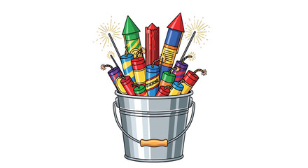 A cartoon collection of festive fireworks with lit fuses sparkling in a silver metal bucket ready for a holiday celebration © Avra
