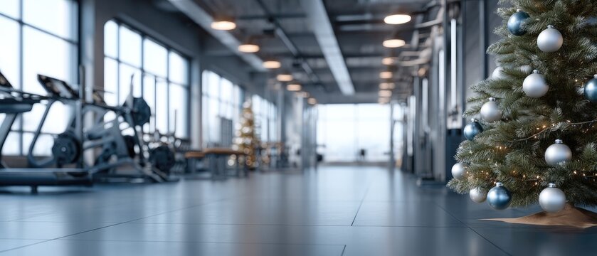 Holiday spirit in a modern gym with a decorated Christmas tree and fitness equipment ready for workout sessions