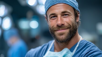 A man in scrubs and a surgical mask smiles at the camera