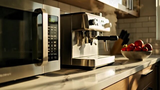 Modern kitchen. appliances on a marble countertop. Steam rises from a stainless steel espresso machine in the morning sun. Home coffee brewing and domestic lifestyle concept.