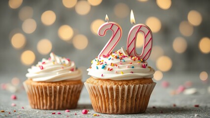 Delicious cupcakes adorned with creamy frosting and sprinkles celebrate a milestone twentieth birthday with glowing candlelit ambiance creating a festive mood.