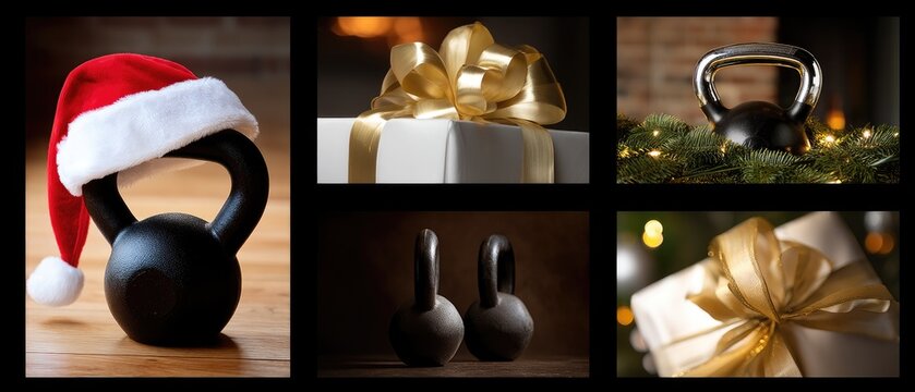Unique holiday fitness gifts featuring kettlebells wrapped in festive decorations for a creative holiday season