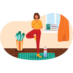 Woman do yoga exercise at home vector illustration