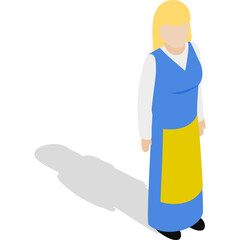 Isometric illustration of a blonde woman wearing a blue dress and yellow apron casting a long black shadow on a transparent white background a simple digital representation.