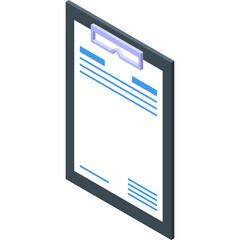 Isometric Illustration of a Clipboard with Document and Blue Text on a Transparent Background Representing Data and Information