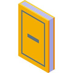 Isometric illustration of a closed yellow book with blue pages and a grey rectangle on the cover on a white background