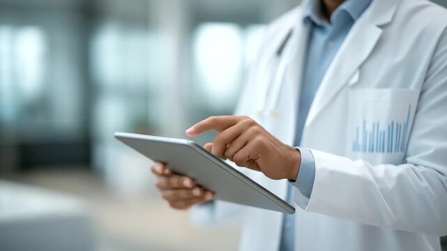 logistics director analyzing daily supply flow chart on tablet muted office hum strategic hospital planning three quarter wide angle cinematic color correction gentle backlight